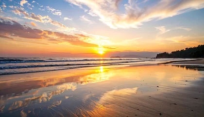 Poster Reflectie A tranquil beach scene at sunset, showcasing vibrant colors reflected in the calm water.  © kang