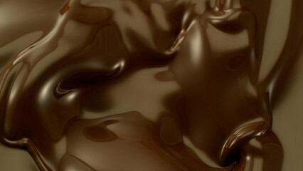 Macro shot of premium dark chocolate pouring. Freeze motion, splashing melted chocolate background.