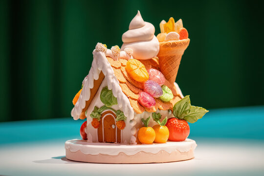 whimsical gingerbread house stands out against rich emerald background radiating charm and sweetness