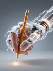 Human Hand and Robotic Arm Writing with Pencil, AI and Human Collaboration Concept.