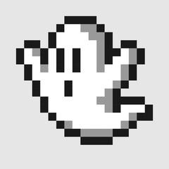 Spooky pixel art ghost illustration. This grayscale character has a sad expression and is perfect for retro video game assets, t-shirt prints, or vintage Halloween designs.