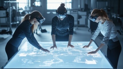 Team of Women Using Augmented Reality Glasses on Digital Table, Future Technology Collaboration Concept.