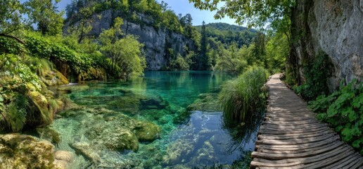 Fototapeta premium A scenic view showcasing a wooden boardwalk along a pristine, turquoise lake surrounded by lush greenery and dramatic rock formations