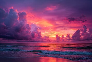 A vibrant, colorful seascape displays an intense sunset with vivid pink and orange hues reflected onto the ocean and sandy beach