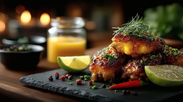 Delicious glazed chicken wings with golden caramelized skin arranged on black slate board with chili pepper and lime slices stock photo 