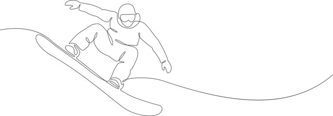 One continuous line drawing of young sporty man snowboarder riding snowboard and jump at alps snowy powder mountain. Winter lifestyle Olympic sport concept.