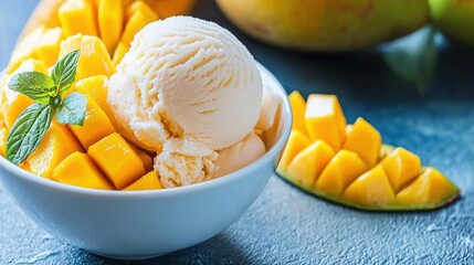   A bowl of ice cream sits beside juicy mango slices, topped by a verdant leaf