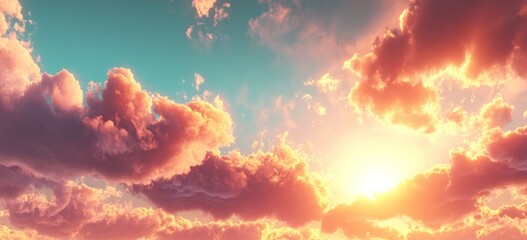 Radiant sunset sky, pink-tinged clouds meet turquoise skies, bright sun shining, filling horizon with golden light, ethereal beauty