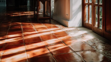 Warm sunlight streams across terracotta tiles in a corridor, creating geometric patterns and light play on surfaces