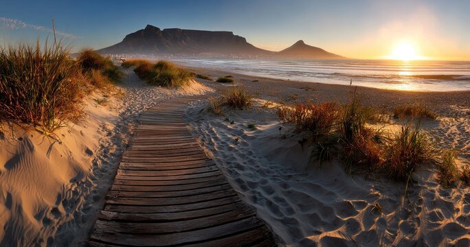 Beach boardwalk leads toward mountain peak at sunset, sandy beach, grassy dunes, sunlight reflecting on water, horizon, golden hour
