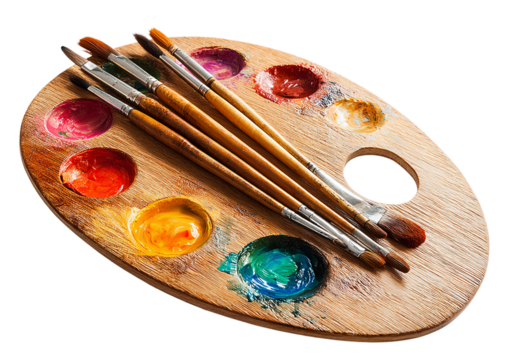 Artists palette with colorful paints and brushes isolated on transparent background
