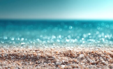 Coastal serenity soft sand in focus, transitioning to a sparkling azure sea under a bright sky, creating a peaceful, blurred seascape