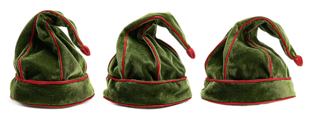 Three green elf hats with red trim isolated on transparent background for christmas