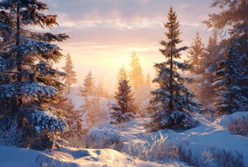 Snowy winter forest scene featuring evergreen trees, bushes, and a radiant golden sunset that casts a warm glow over the snow-covered landscape