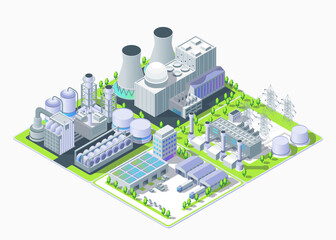 Cartoon Color Geothermal, Petrochemical, Nuclear Power Plant, Logistic Center and Warehouse Industrial Energy Building Concept 3d Isometric View. Vector illustration