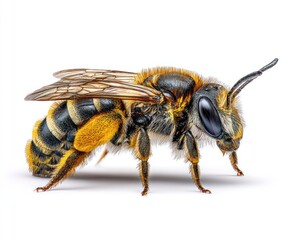 A detailed macro of a bee, showing its fuzzy body, intricate wing details, and compound eyes on a white background