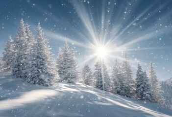 Snowy trees stand on a hill bathed in sunlight, creating a bright, crisp winter scene. Snowflakes are falling in the blue sky