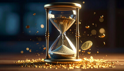 Hourglass of Time: A close-up view of a majestic hourglass, its sands cascading gently, framed by an array of golden coins. Evoking concepts of time, value, and investment. 