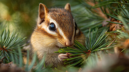 シマリスが松の枝をかじる様子
