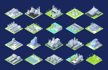 Cartoon Color Different Types Industrial Energy Building on a Platform Set Concept 3d Isometric View. Vector illustration