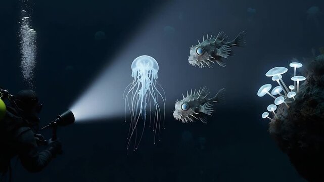A Fantastical Deep Sea Dive Explorers Light Reveals Glowing Jellyfish Spiky Fish and Luminous Mushrooms.