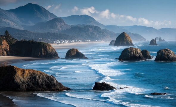 Coastal scenic view. Rocky outcrops dotting the sea meet a sandy shore under a cloudy sky, mountains framing the horizon