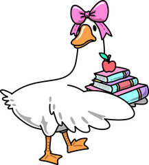 Retro Groovy Goose with Books and Apple Illustration