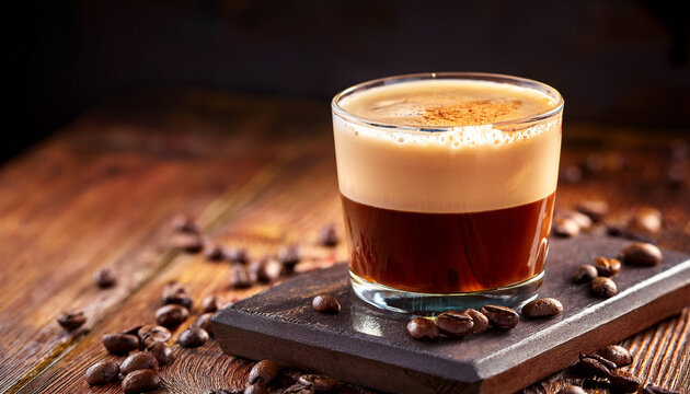 carajillo coffee cocktail served on rustic wood table espresso vanilla liqueur mix classic spanish hot drink with coffee beans foam refreshing beverage delicious dessert