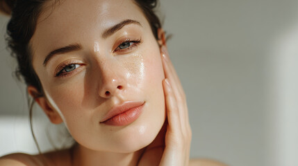 Naklejka premium woman delicately cares for her skin using natural oils while ar skincare map overlays her face