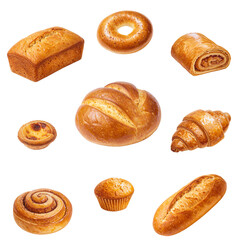 Fresh baked bread and pastry. Seamless pattern on transparent background. Illustration