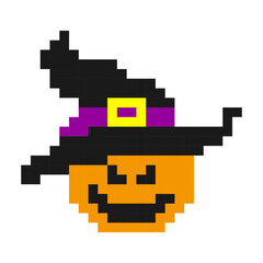 Pixel art pumpkin wearing a witch hat with a happy face, perfect for Halloween, retro games, and digital artwork.