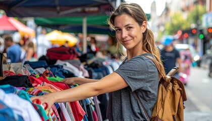 Obraz premium Woman Selling Recycled Clothes at Street Bazaar – Sustainable Lifestyle Photography