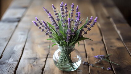 Lavender flower bouquet in glass vase on wooden table still life floral arrangement home decor provence style