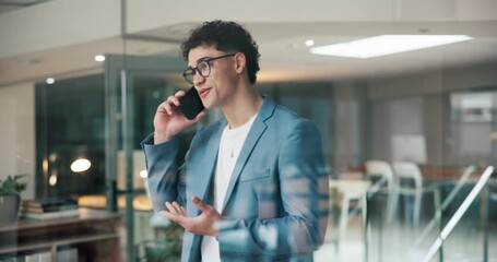 Happy, businessman or night with phone call in office for negotiation, conversation or advice. Man, consultant or employee talking on mobile smartphone in late evening for business discussion or chat - Powered by Adobe