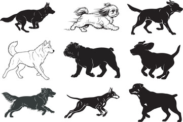 Dog Running Silhouette Vector Bundle – 9 Popular Breeds Pack | Black Animal Clipart on White Background