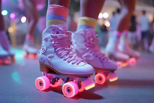 Neon roller skates in motion at a disco-themed party, bringing the energetic and colorful vibe of 90s roller rinks back to life.