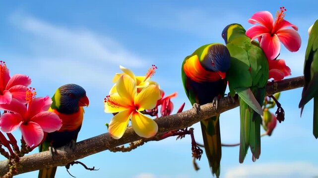 Colorful parrots and hibiscus flowers against a clear sky