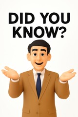 Curious cartoon man in suit asks "did you know?" with open hands seeking engagement and sharing interesting facts