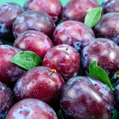 Obraz premium Close-up view of a cluster of ripe, glistening plums, showcasing their deep red-purple hues and fresh green leaves.