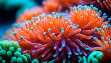 Colorful Reef Corals With Vibrant Orange And Turquoise Polyps In Close Up Macro