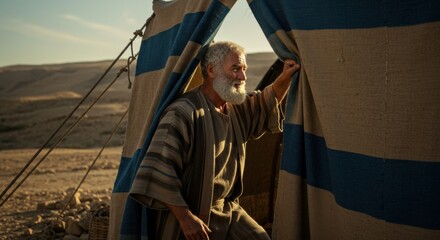 Elderly man looking outside his tent in the desert. Ancient times. Nomadic life. Biblical story. Old testament.