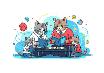 A whimsical illustration of a feline family enjoying a reading session together outdoors