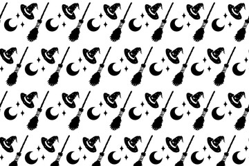 Seamless vector pattern with classic Halloween symbols, including witch hats, broomsticks, and moons. Perfect for backgrounds, fabrics, and digital paper.