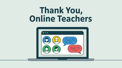 A laptop displaying a video call with avatars and speech bubbles on a light background image design