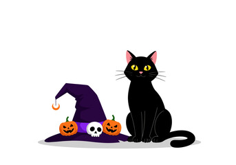 A spooky halloween scene featuring a black cat and a witch hat adorned with pumpkins and a skull