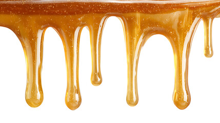 Golden honey or caramel drips isolated on transparent background.