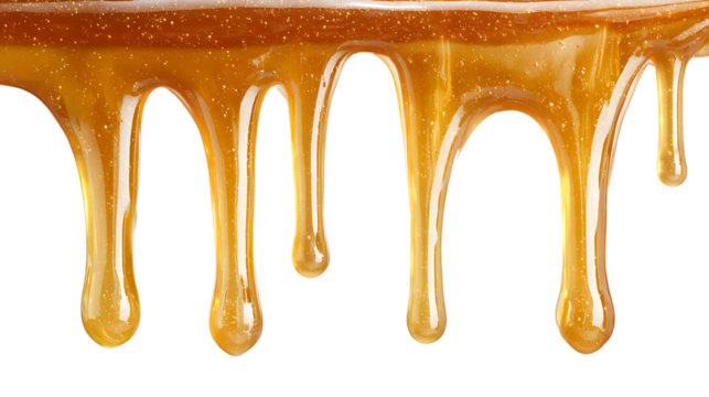 Golden honey or caramel drips isolated on transparent background.