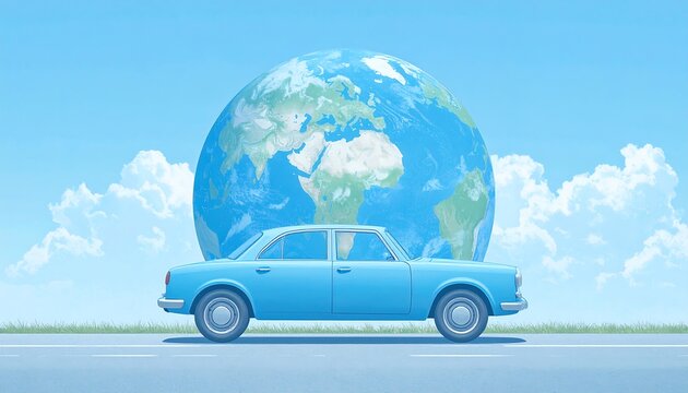 Fototapeta Light blue vintage car carrying a large globe on a bright, pastel-toned road