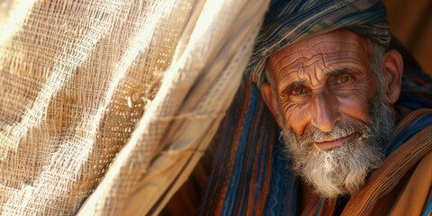 Wise elderly man with a white beard wearing a traditional turban, peering out from a desert tent entrance. Biblical times, ancient nomadic life concept.