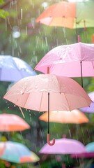 Minimalist Pastel Umbrellas Floating in Dreamy Rain Aesthetic Photography